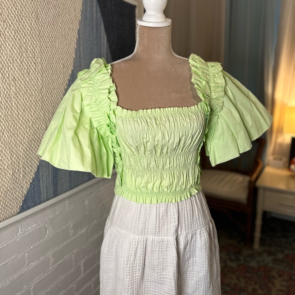 Zara Green Ruffle Statement Sleeve Ruched Blouse - Picture 3 of 8